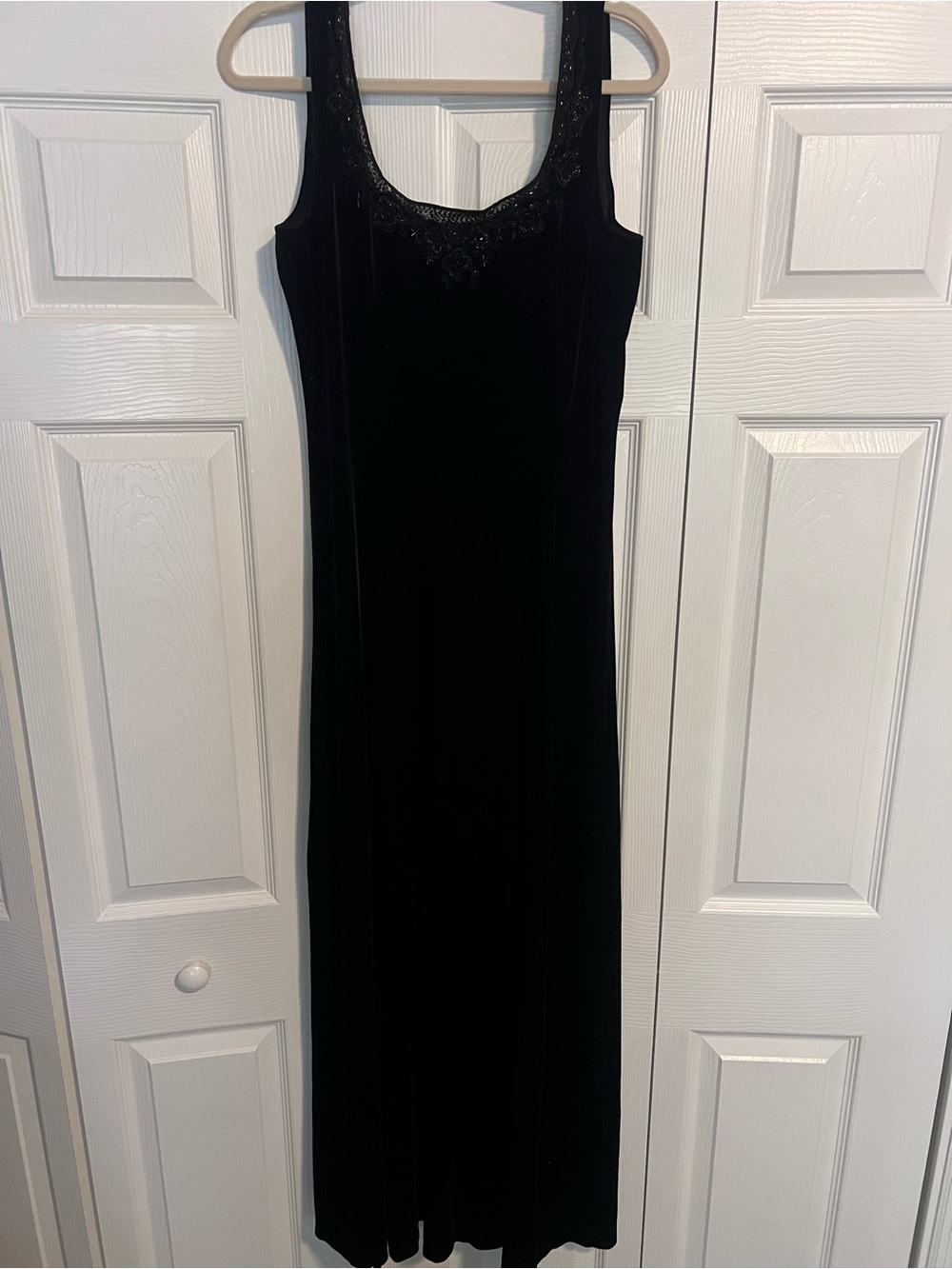 90s Sleeveless Black Maxi Dress with Beaded Scoop Neck